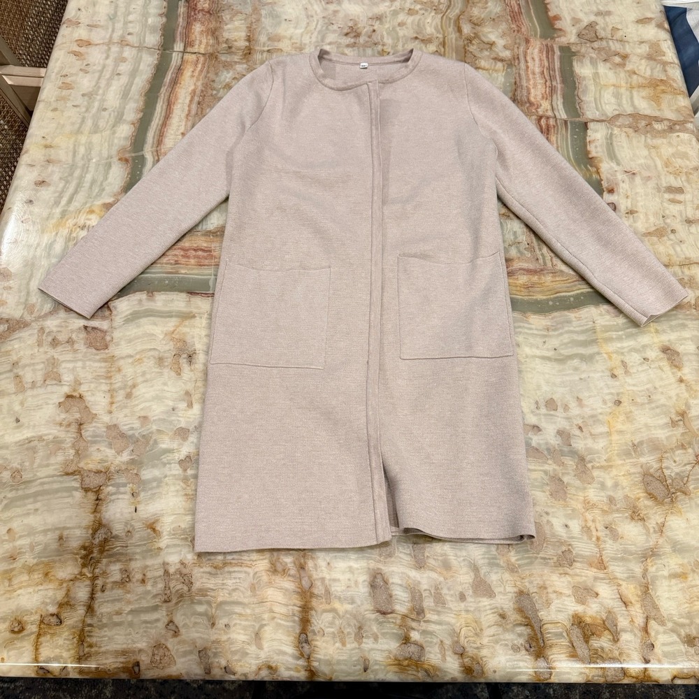 Women's Oatmeal Open Front Long‎ Cardigan Sweater Patch Pockets Size XS